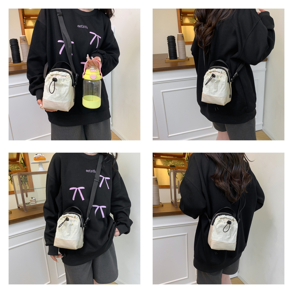 Hue & Hold Unisex Large Capacity Multi-Pocket Zip Drawstring Crossbody Bag Handbag Water Bottle Carrying Bag Lightweight Outdoor Sling Bag with Adjustable Strap, Beige