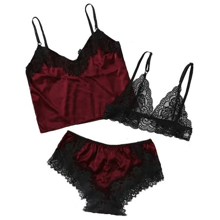 

Follure Ladies casual underwear bra Exquisite Lace Lingerie Bra+Tops+Underwear Set Babydoll Cut-Out Sleepwear Wine L