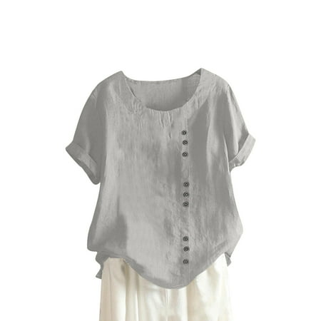 

EHTMSAK Womens Spring Tops Casual Oversized T Shirts Cotton Linen Hot Pink Short Sleeve s Shirt Round Neck Button Down Shirt Summer Plus Size Maternity Tops Gray 5X