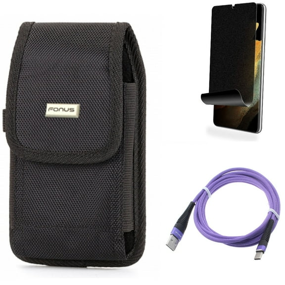 Case Belt Clip & 6ft USB Cable & Privacy Screen Protector for Samsung Galaxy S22 Plus (S22 ) - Combo Swivel Holster Rugged & Purple Type-C Charger Cord & TPU Film (Fingerprint) Anti-Peep
