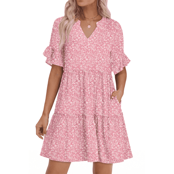 MLDRA Dresses for Women V Neck Boho Summer Dresses with Pockets A Line Mini Beach Ruffle Sleeve Tiered Flowy Loose Casual 2026 S