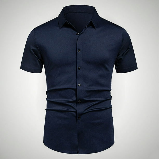 pstuiky camisetas de manga corta para hombre, Camisa informal de negocios de color liso con solapa y botones de manga corta para hombre camisas casuales para hombre xxl