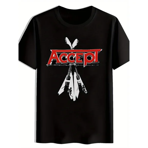 Reprint Rare Men'S Black ACCEPT Graphic T-Shirt - Vintage Rock Band Design, Short Sleeve, Rou