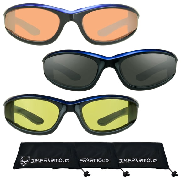 Bikershades Motorcycle Safety Glasses Men Women Blue Blocker HD, Clear & Yellow