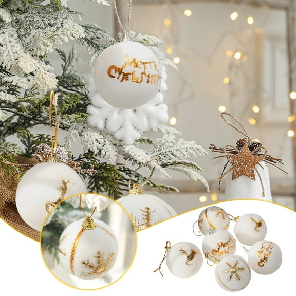 Tupukom Christmas Decorations 6Pcs High-Ranking 2.4in White Elk Flocked Shatterproof Christmas Balls,Xmas Tree Hanging Ornament for Holiday Party Decor