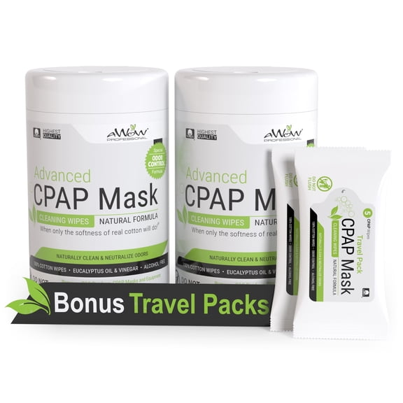 AWOW Professional CPAP Mask Wipes, Cleaner Wipes for Mask & Equipment, Unscented, 75 Count (2 Pack) with Travel Wipes