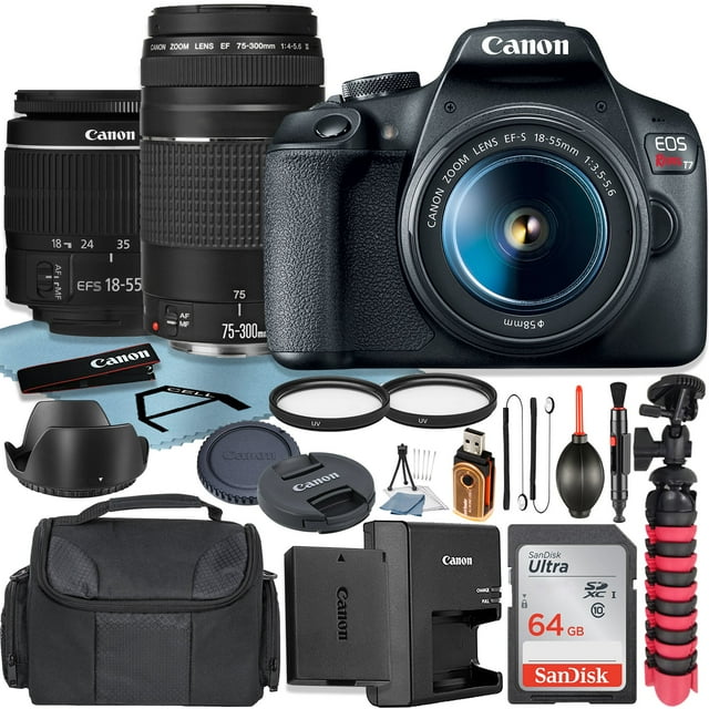 Canon EOS Rebel T7 DSLR Camera with 18-55mm + 75-300mm Lens + SanDisk 64GB Memory Card + Case + Tripod + UV Filter + A-CELL Accessory Bundle