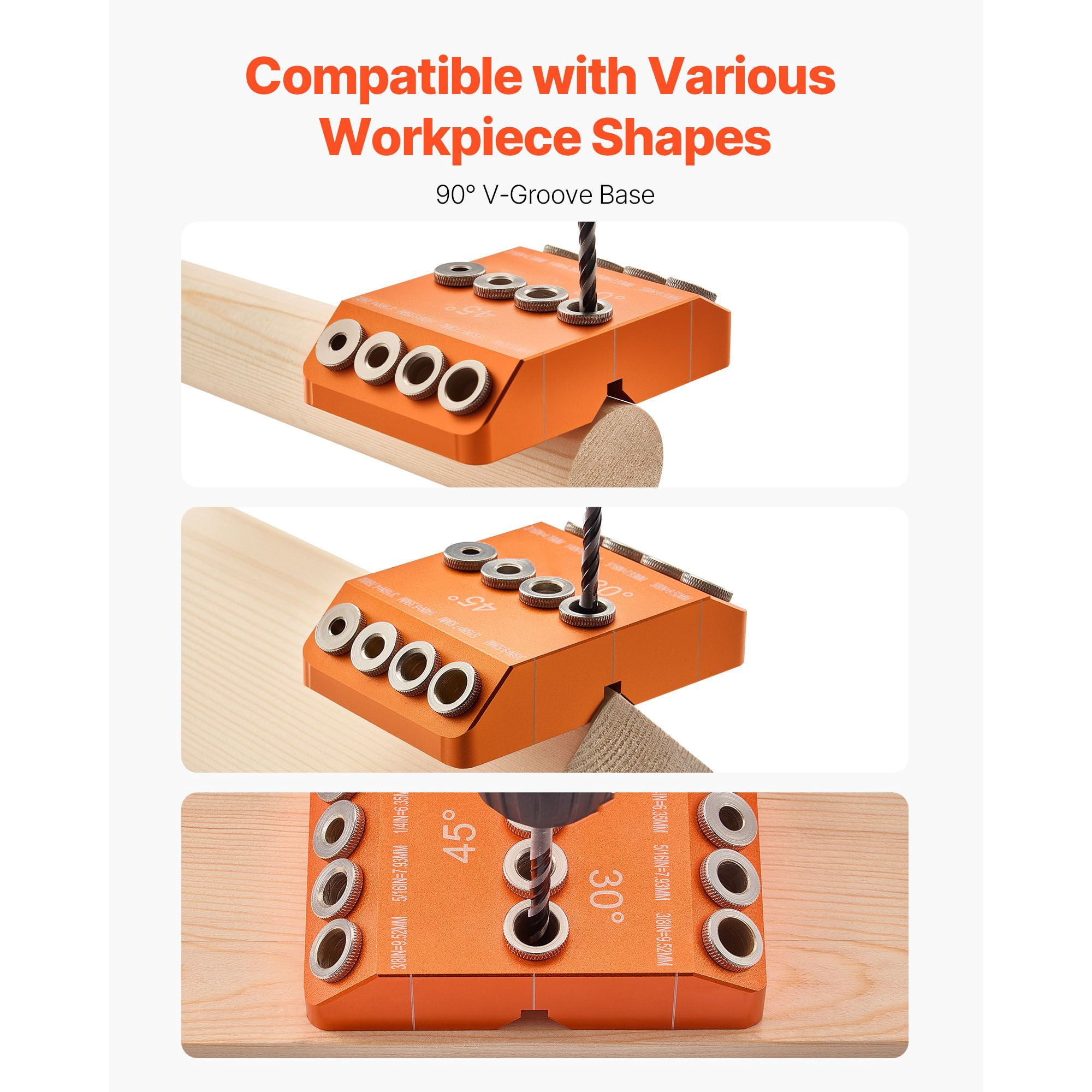Drill Guide with 3 Drilling Angles 30°/45°/90°, 4 Guide Sizes, Portable Drill Jig for Angled Horizontal Precise Hole Placement Woodworking