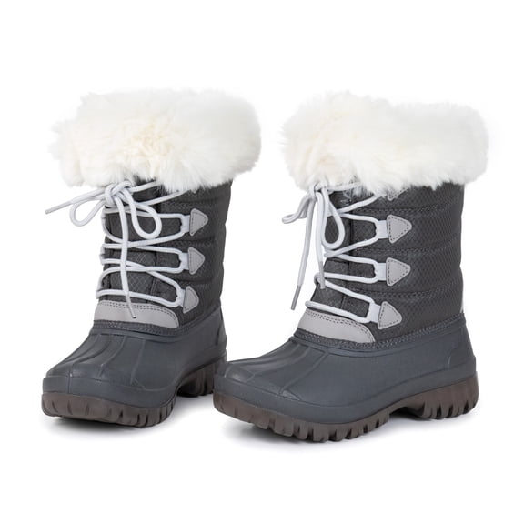 NIPAXO Kids Snow Boots Waterproof Winter Boots Grey Rubber Shell White Faux Fur Collar Classic Lace-Up Winter Boots for Boys Girls