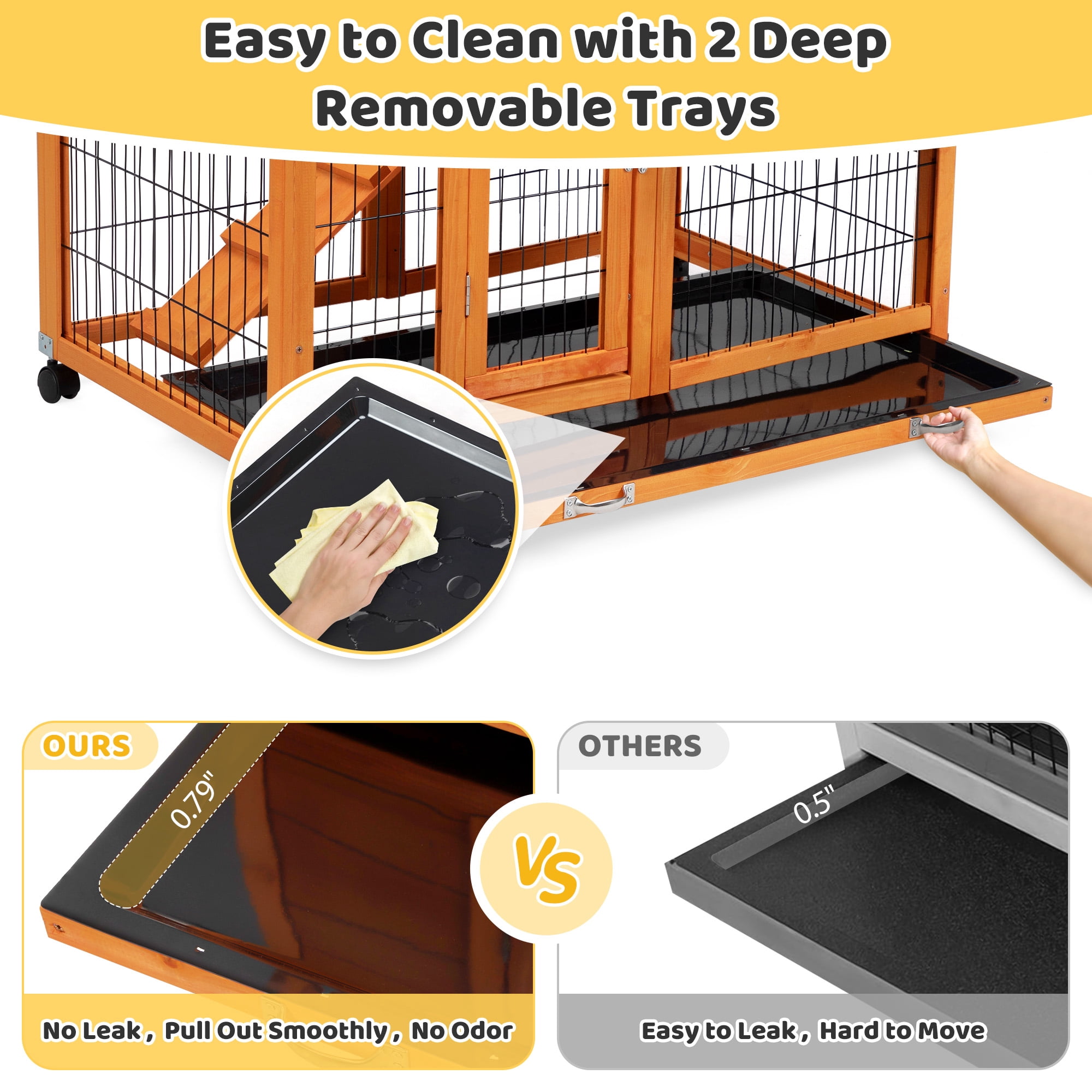 COZIWOW Wooden Rabbit Hutch Hamster Habitat Bunny House Outdoor w/ 4 Casters 2 Cleaning Trays