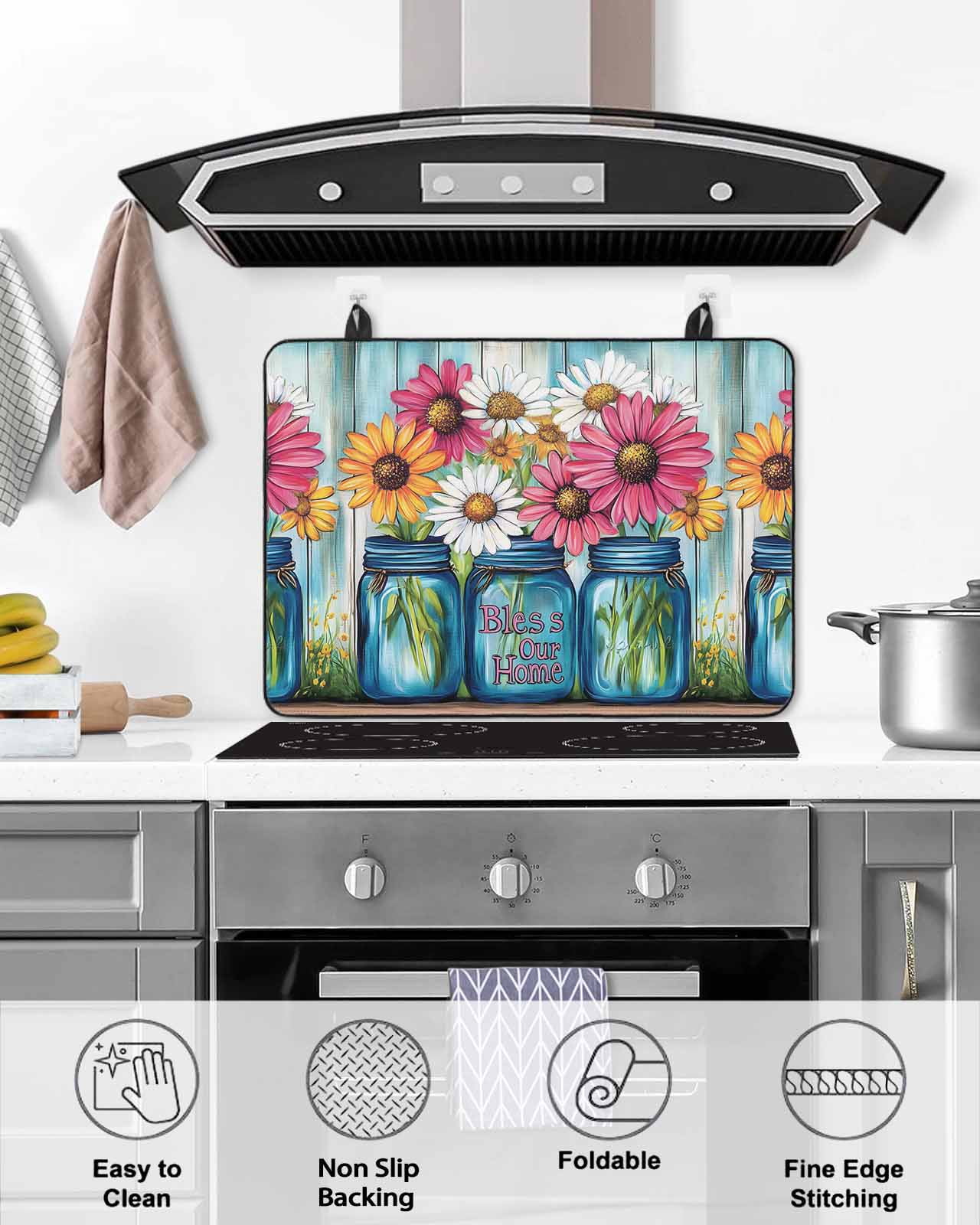 nqOlkjepod Large Induction Cooktop Protector Mat 31"x24", Red White Daisy Stove Top Covers for Electric Stove, Vintage Bottle Teal Wooden Grain Stove Burner Cover Mats, Glass Top Stove Cover