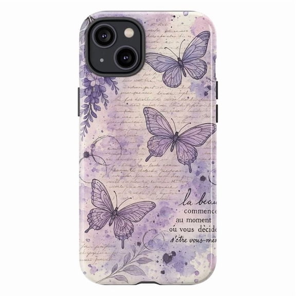 Vintage Purple Butterfly Phone Case, French Script Watercolor Floral iPhone Cover, Artistic Elegant Protective Case for iPhone 16 15 14 13 12 11 Plus Pro Max Mini