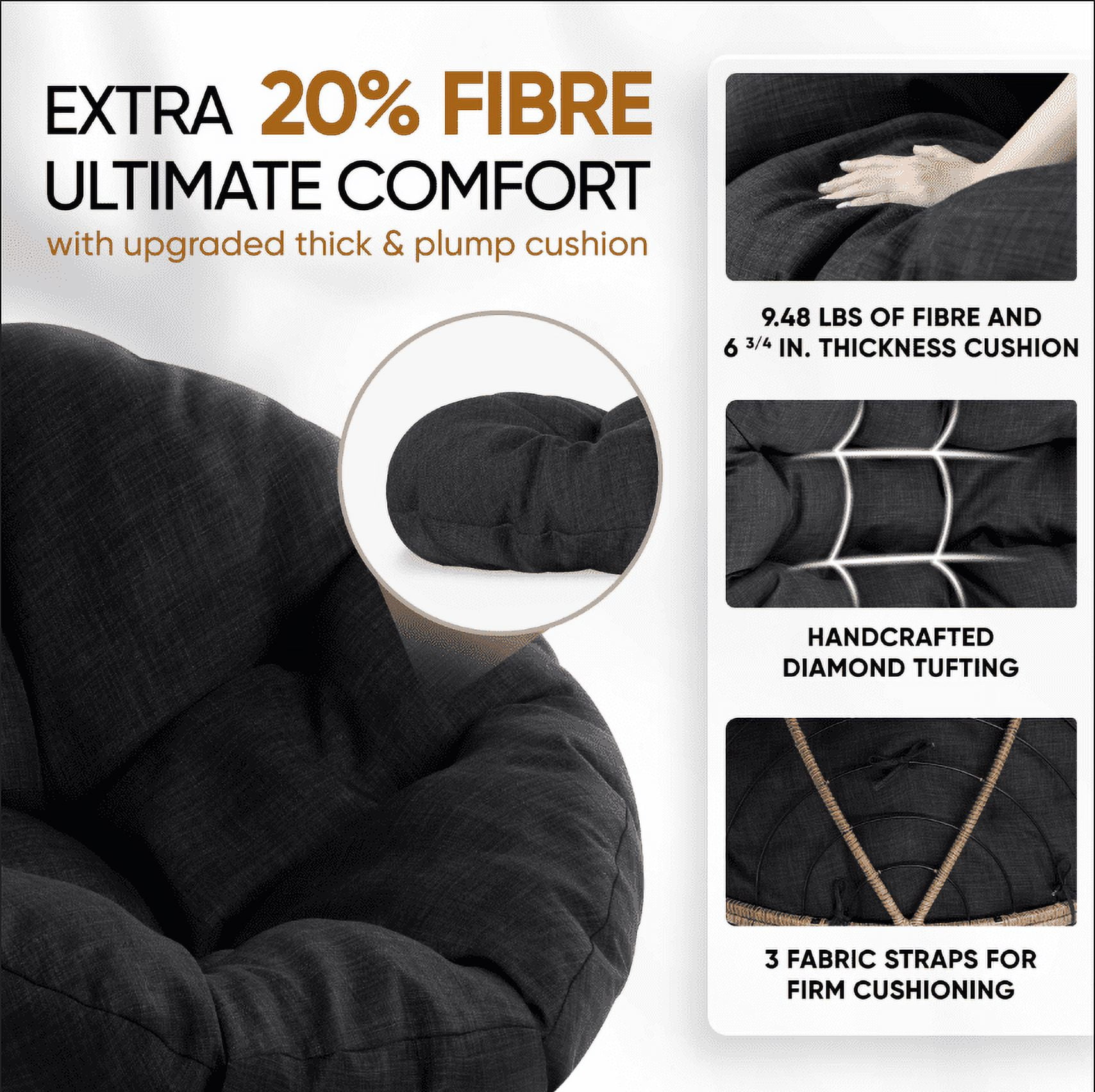Bme Papasan Chair with Fabric Cushion, Metal Swivel Base, Noir Cumulus - Brown Frame