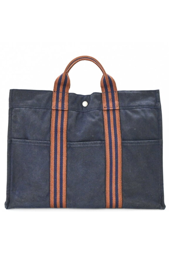 Pre-Owned HERMES New Fourre-Tout Tote Bag MM Handbag Half Leather Navy Brown Canvas Women's...