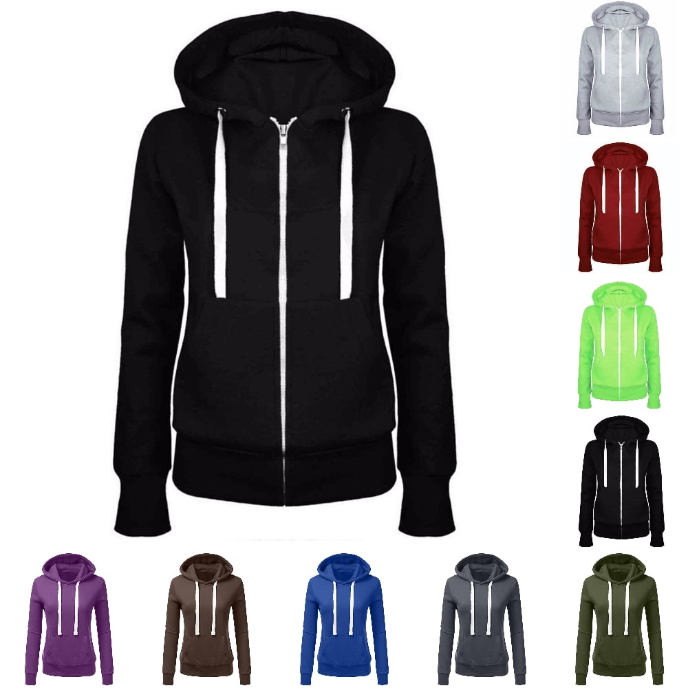 Fatuov Zip Up Hoodies for Women Plus Size Clearance Fashion Solid Color Long Sleeve Hooded Sweatshirts with Pocket Drawstring Fleece Casual Hoodies Zipper Fall Winter Clothes Black XL