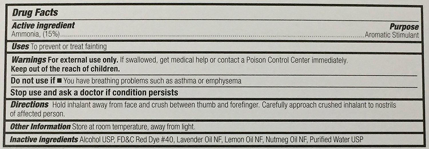 "Ammonia inhalant ampoules 100 per dispenser box At Home Emergency, Cc