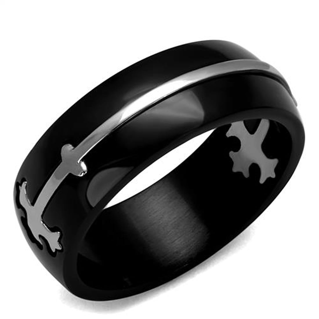 Men's Stainless Steel Two Tone IP Black Celtic Cross Wedding Band Ring