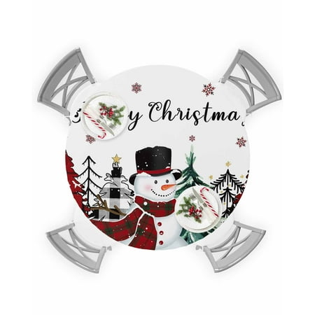 

Round Tablecloth with Elastic Christmas Plaid Snowman Red Snowflake Waterproof Stain-proof Table Cover Wipeable Fitted Table Cloths for 55 -60 Round Tables Dining Kitchen Indoor Outdoor Use