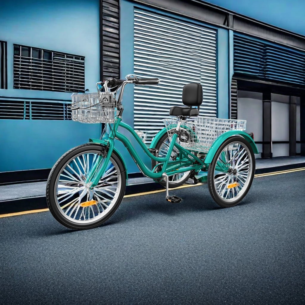 Uforic 7-Speed 26-Inch Tricycle, 3-Wheel Adult Cruiser Bike, Low Step-Through Design with Front and Rear Baskets, Large Adjustable Seat with Backrest for Seniors, Women, and Men (Mint Green)