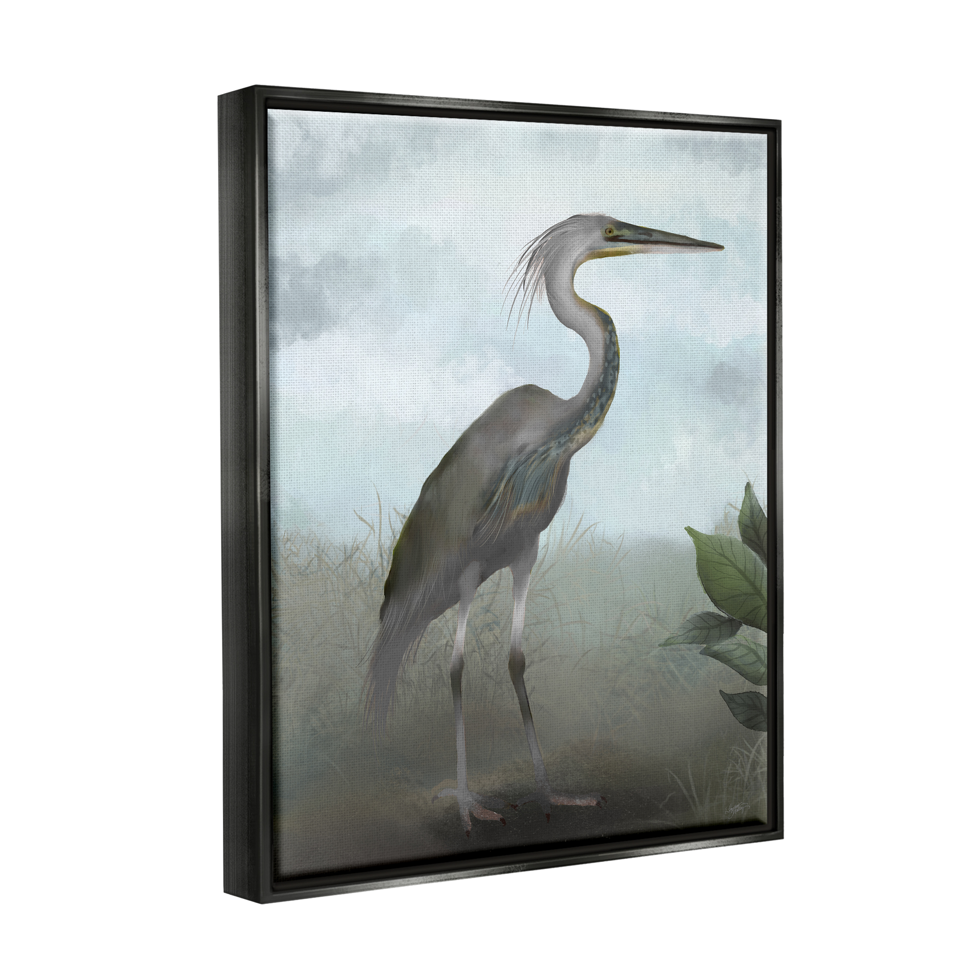 Stupell Industries Heron in Nature Study Animals & Insects Painting Black Floater Framed Canvas Art Print Wall Art, 17 x 21