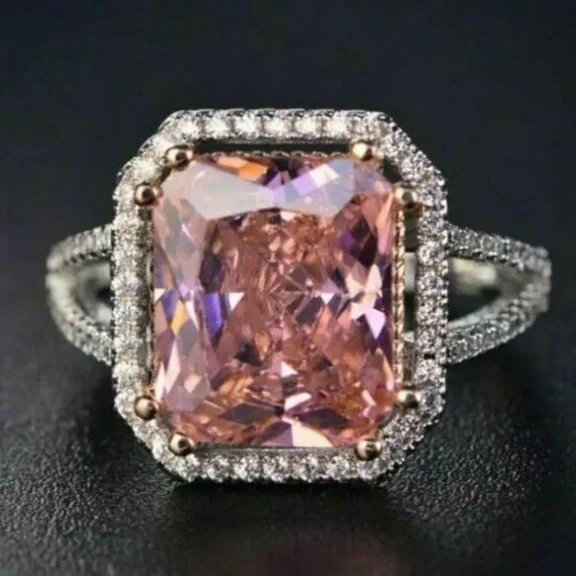 925 SILVER 2.75CT EMERALD CUT LAB CREATED PINK SAPPHIRE HALO ENGAGEMENT RING