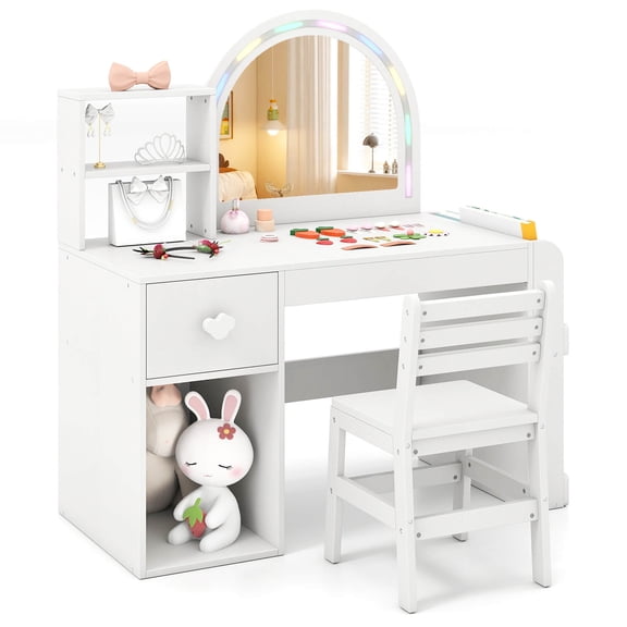 Infans Kids Vanity Desk with Lights Open Bookshelf Storage Drawer Compartment & Shelves