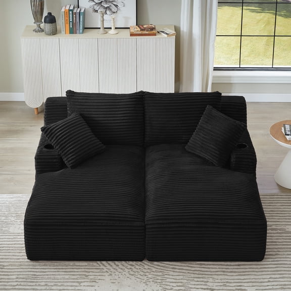 Leumius Oversized Double Chaise Lounge Sofa Bed, Boneless Lounge Sofa Bed with Cupholders,Fluffy Modern Sleeper Loveseat for Living Room,No Assembly Required,Black