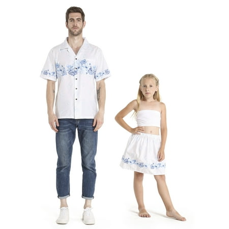 

Matching Father Daughter Hawaiian Luau Dance Shirt Skirt White with Blue Hibiscus