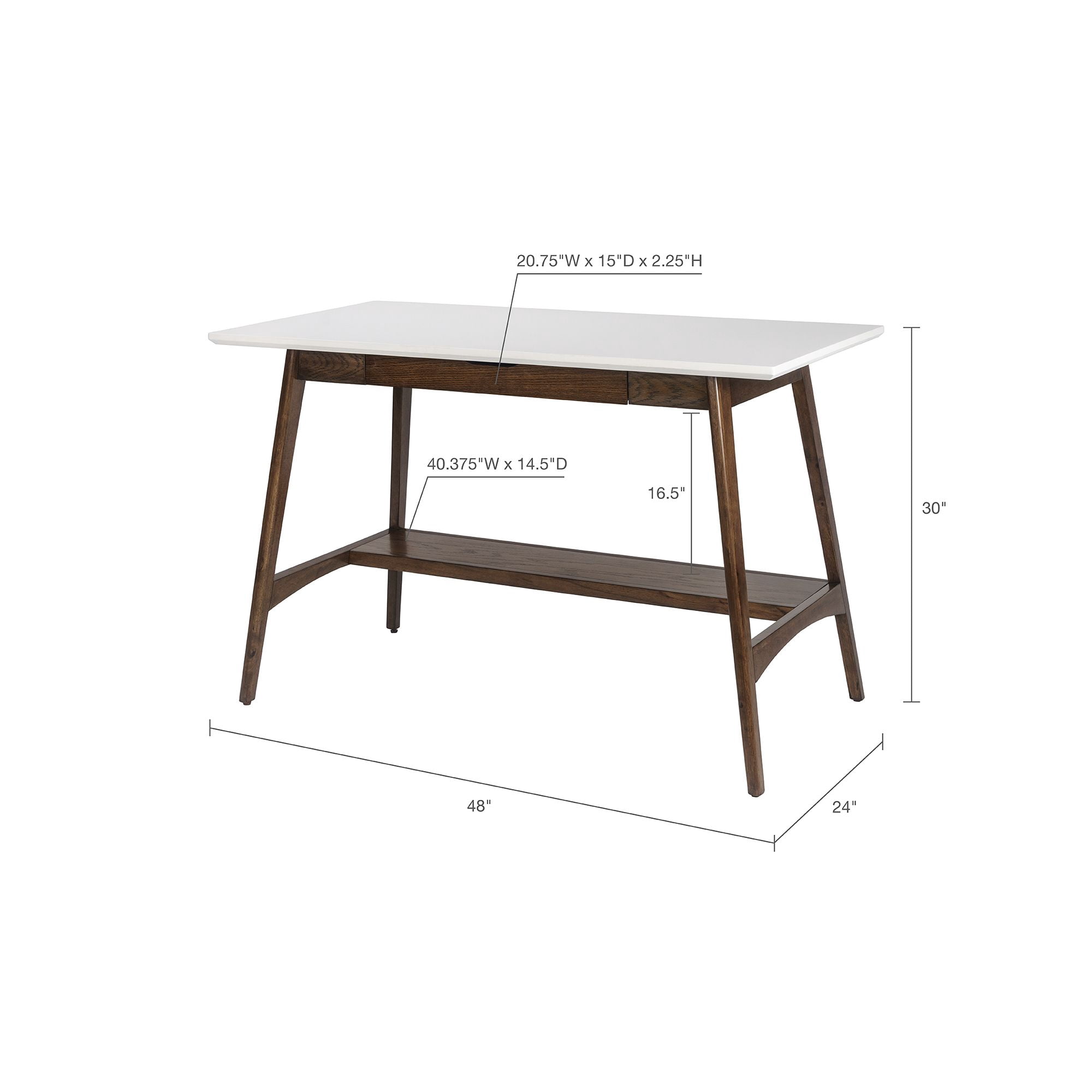 Asteroutdoor Desk with White Top and Pecan Wood Base, Lower Shelf, Assembly Required