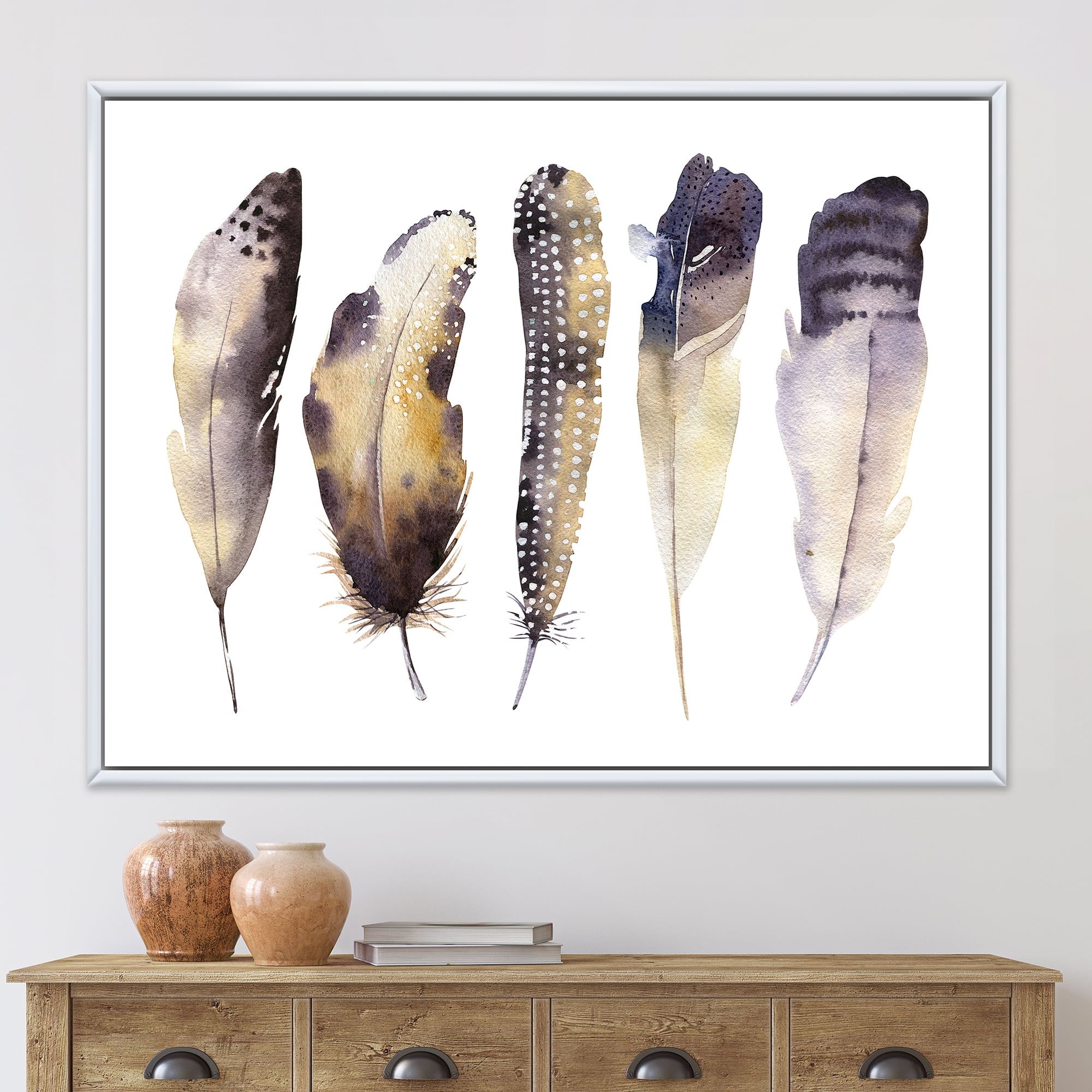 Designart 'Dark Gray Feathers Boho Ethnic I' Bohemian & Eclectic Framed Canvas Wall Art Print