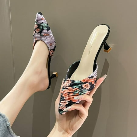 

Cathalem Women Shoes Summer Half Drag High Heels Floral Print Pointed Breathable Lace up Knee High Boots for Women with Heel Black 7