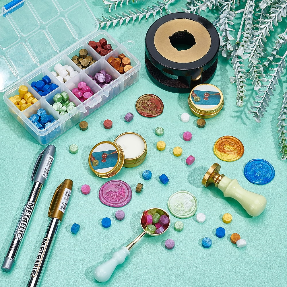 Wax Seal Kit 300PCS Wax Seal Beads 10 Colours with Wax Melting Kit Moon Wax Seal Stamp Candles Marking Pens for Invitation Cards Gift Decoration