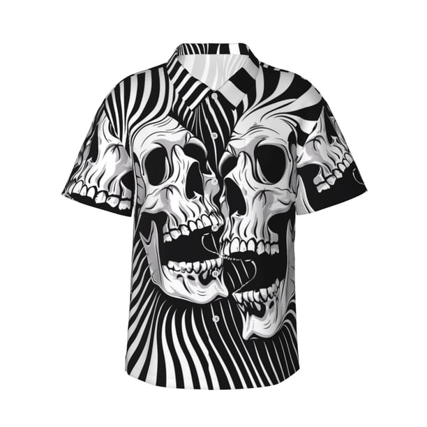 Balery Psychedelic Skull Illusion Art Camisas hawaianas de manga corta para hombre, camisas playeras de corte holgado, camisas de vacaciones con botones,Medium