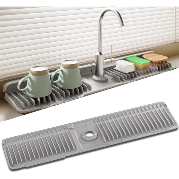 PLERISE Faucet Mat for Kitchen Sink, 24 Inch Longer Silicone Sink Splash Guard, 7°Slope Fast Self-draining, Fast Drying Tidy Faucet Mat Splash Guard Gray,24x5.6 inches