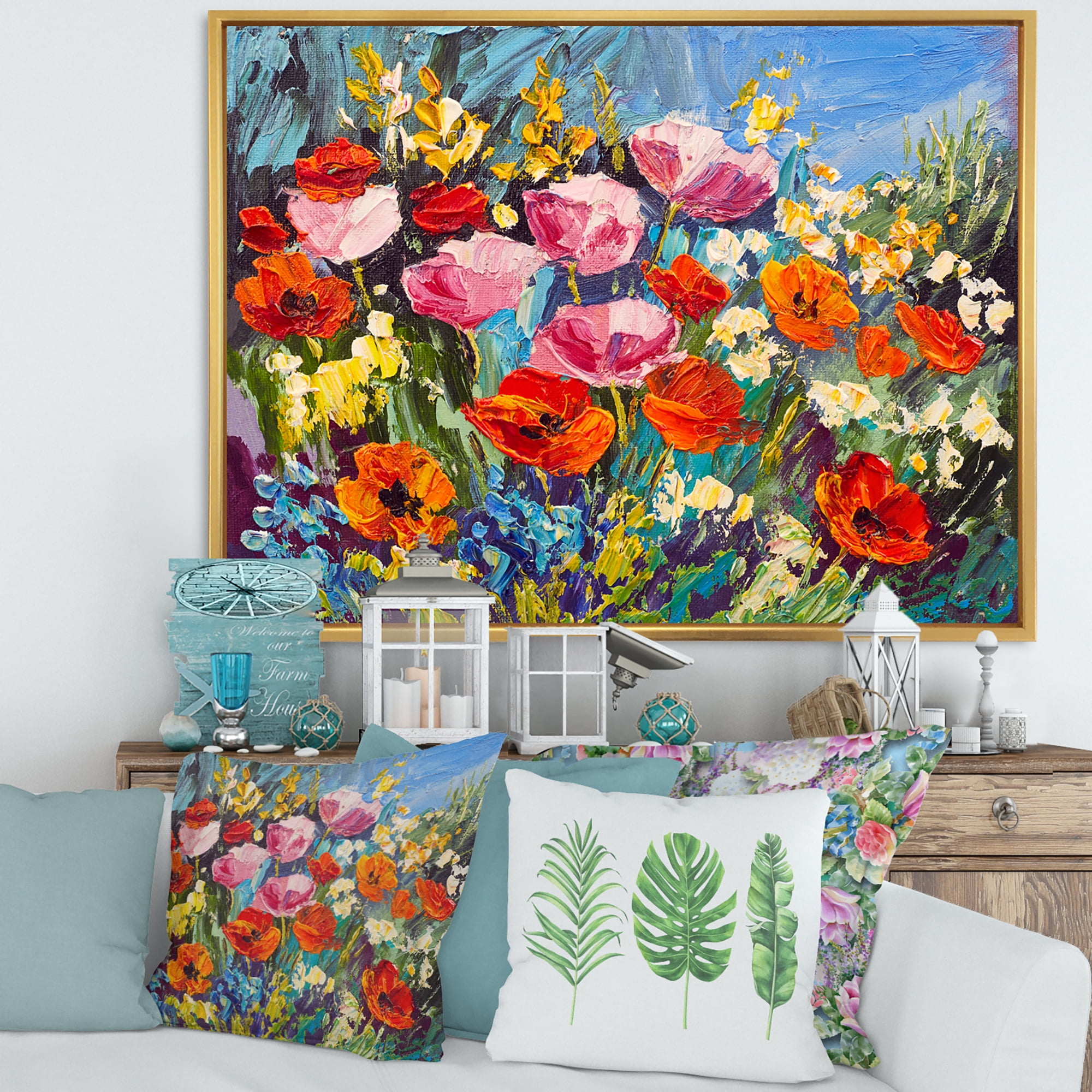 Colorful Spring Poppies In Field 20 in x 12 in Framed Painting Canvas Art Print, by Designart