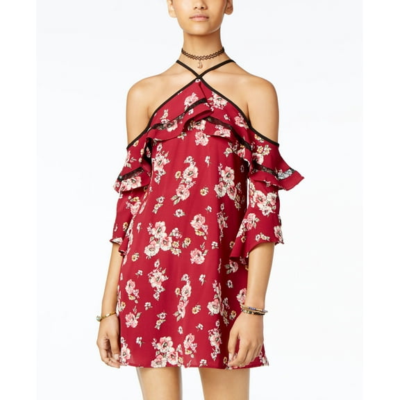 Trixxi Juniors Printed Lace Ruffle Shift Dress Medium Red 2XS