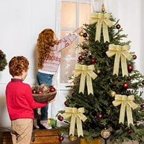 Christmas Glitter Bow Ornaments with Fan Tape, Festive Hanging Bows for Tree and Holiday Arrangement, Seasonal Indoor and Outdoor Christmas Decoration Accessories(Gold)