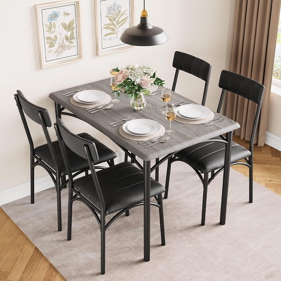 Dining Table Set for 4, Rectangular Kitchen Table and Chairs for Small Space, Modern 5Pcs Dining Room Table Set with Upholstered Seats, Space Saving Furniture for Apartment, Gray