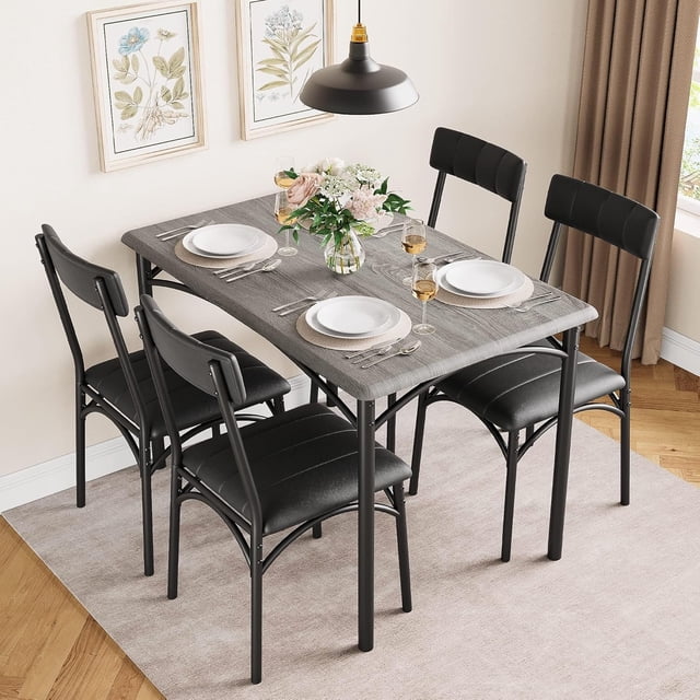 Dining Table Set for 4, Rectangular Kitchen Table and Chairs for Small Space, Modern 5Pcs Dining Room Table Set with Upholstered Seats, Space Saving Furniture for Apartment, Gray
