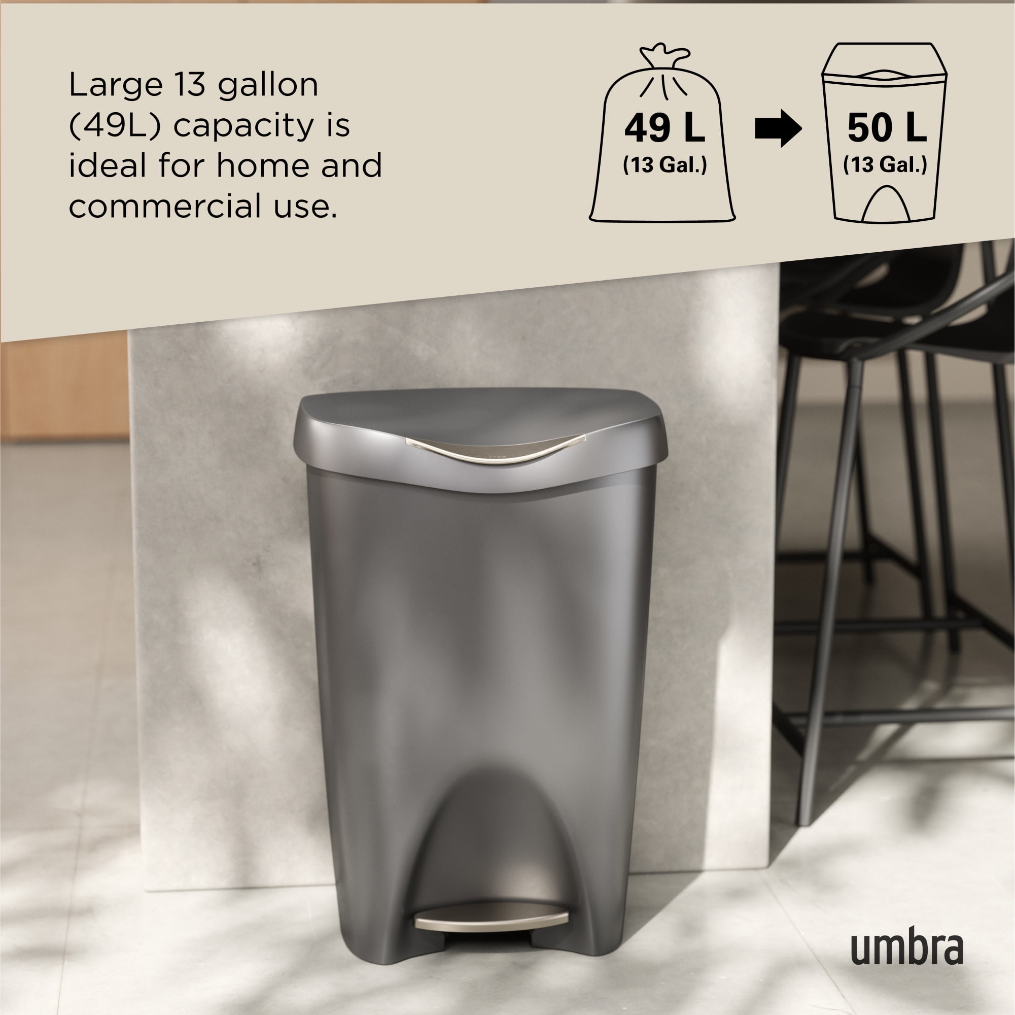 Umbra 13 gal Brim Plastic Step Soft Close Lid Kitchen Trash Can, Nickel