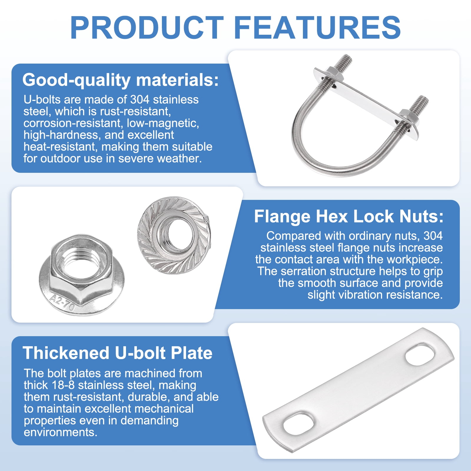 Uxcell 4 Set 2" Inner Wide Round U Bolts,  3-1/16" Length 304 Stainless Steel U-Bolts with Flange Hexagon Nuts, Frame Plates for Trailer, Automotive, (51mm W x 78.6mm L)
