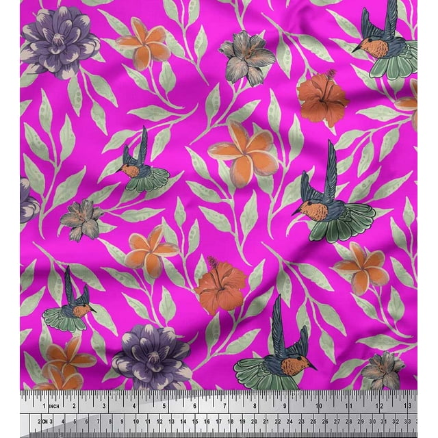 Soimoi Pink Cotton Cambric Fabric Flying Bird & Floral Decor Fabric Printed BTY 56 Inch Wide