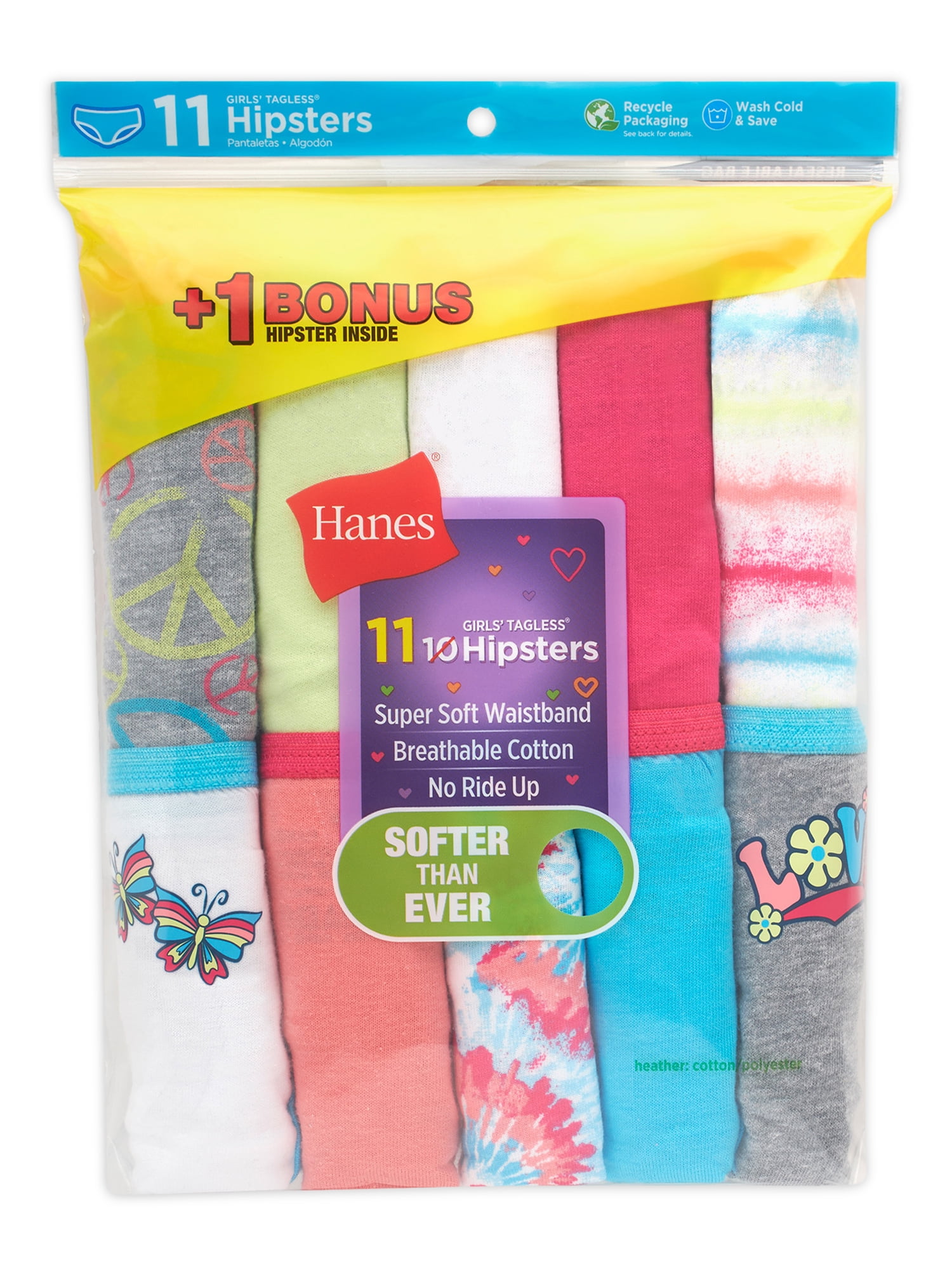 Hanes Girls' Cotton Hipster, 10+1 Bonus Pack