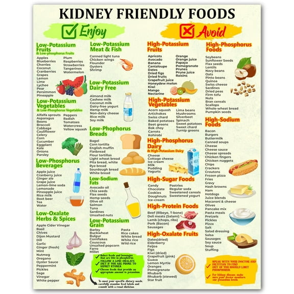Kidney Friendly Food Chart poster Low Potassium Foods List Poster for Renal Diet - Kidney Health Nutrition Wall Art - Printable Diet Chart  poster