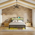 thumbnail image 3 of VanAcc Full Size Bed Frame with LED Lights and Charging Station, Upholstered Headboard with 2-Tier Storage, Easy Assembly/Noise-Free, Rustic Grey, 3 of 7