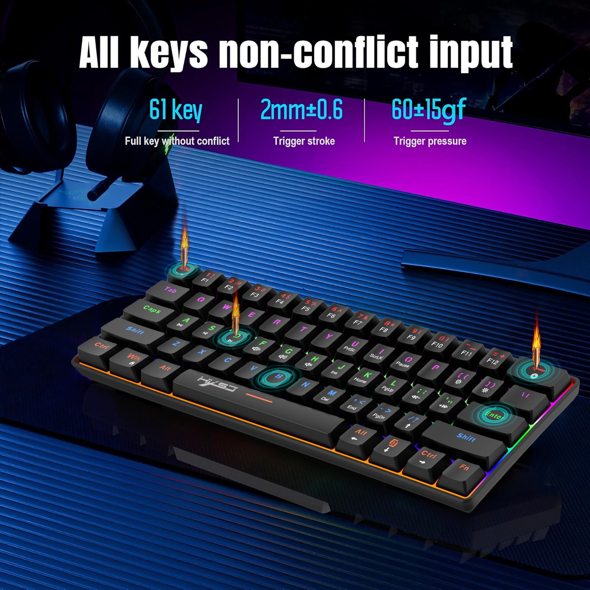 UHM 60% Wired Mechanical Gaming Keyboard,RGB Backlit Mini Keyboard with Blue Switch/Multimedia Keys,Waterproof Small Ultra-Compact 61 Keys Keyboard for PC/Mac Gamer,Typist,Travel,Black
