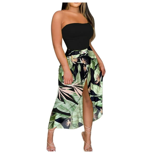RKSTN Robes d'Été pour Femmes Robe Longue à Volants Imprimé Sans Bretelles Robe de Plage Fendue Robe de Soirée