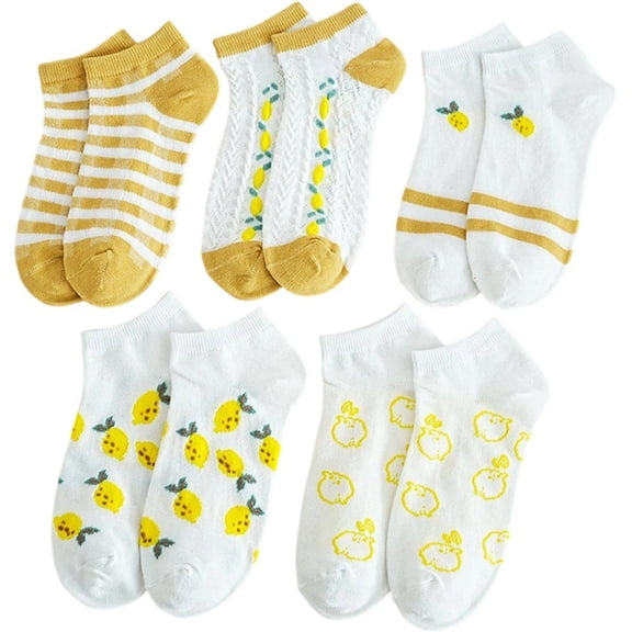 Hsqqdc 5 Pairs Women Cartoon Fruit Lemon Ankle Socks, Casual Breathable Short Socks for Daily Wear
