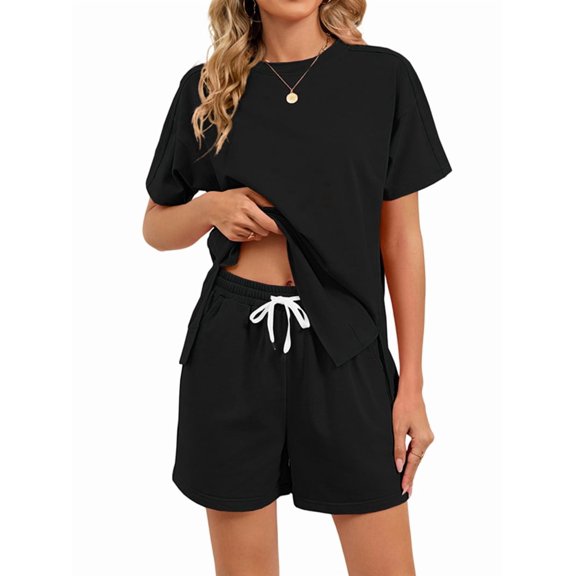 Women Casual 2 Piece Outfits Sweatsuits Summer Short Sleeve Loungewear Tracksuit Round Neck Lounge Shorts Sets