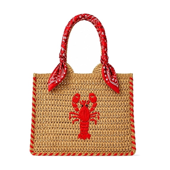 Straw Bag Lobster Embroidery, Ladies Mini Straw Handbag, Beach Purse For Women Vacation, Lightweight And Durable, Suit For Travel Vacation